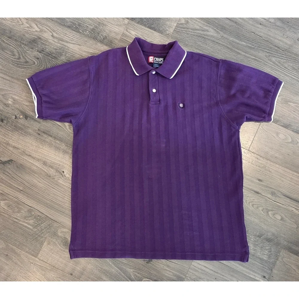 Men's XL Chaps Ralph Lauren Purple Stripe Polo Shirt Short Sleeve 100% Cotton